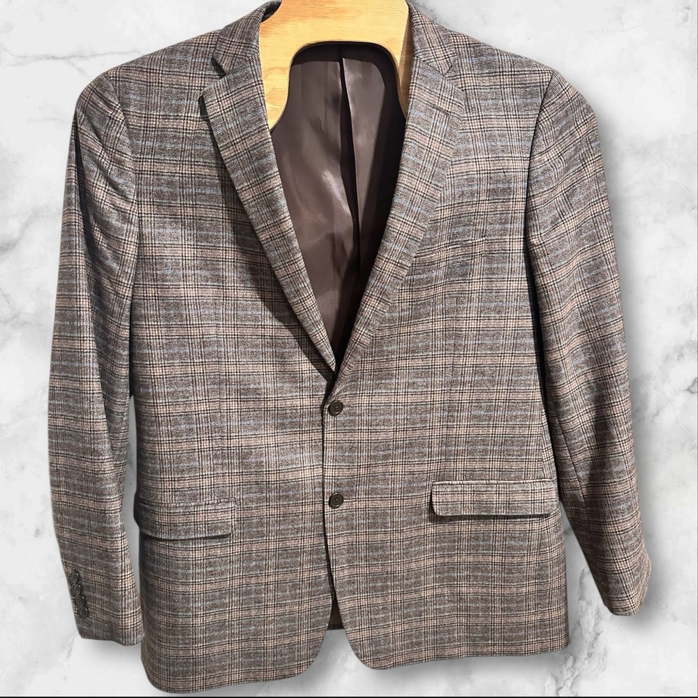 ADOLFO Mens Blazer Sport Coat Casual Two Button Jacket Size 46L Wool Suit Plaid